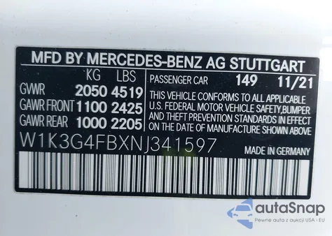 2022 Mercedes-Benz A 220 4Matic из США, поврежденный, VIN W1K3G4FBXNJ341597